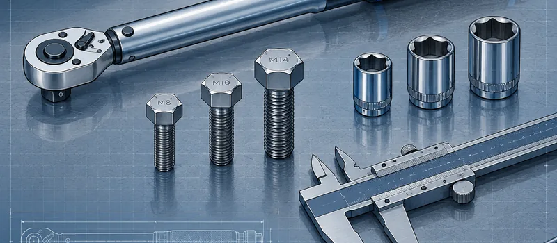Steel blue engineering illustration of a click torque wrench tightening a hex bolt on a workbench, with faint conversion scale markings in the background